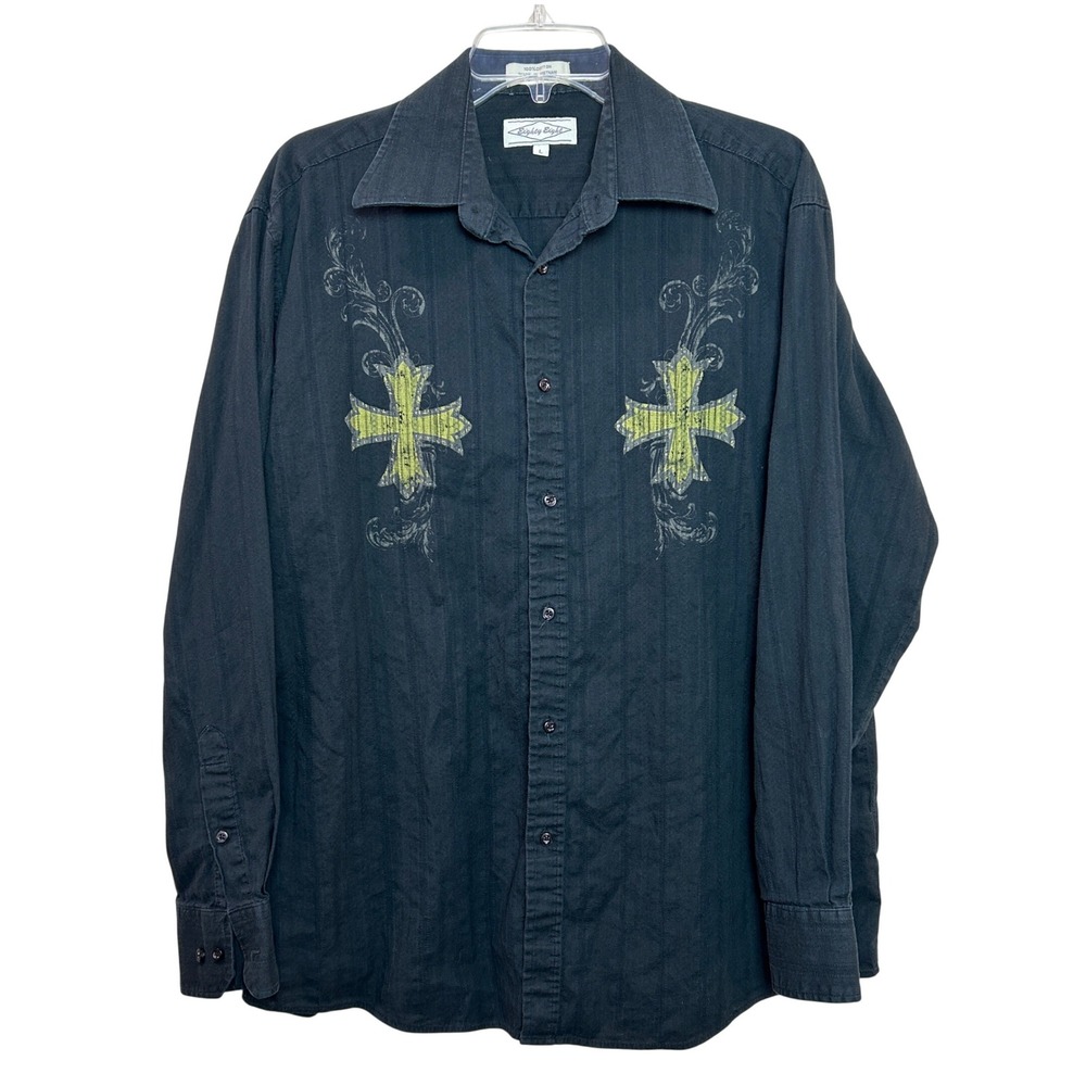 Eighty Eight Button Down Shirt Mens L Black Yellow Cross Graphic y2k Grunge MMA